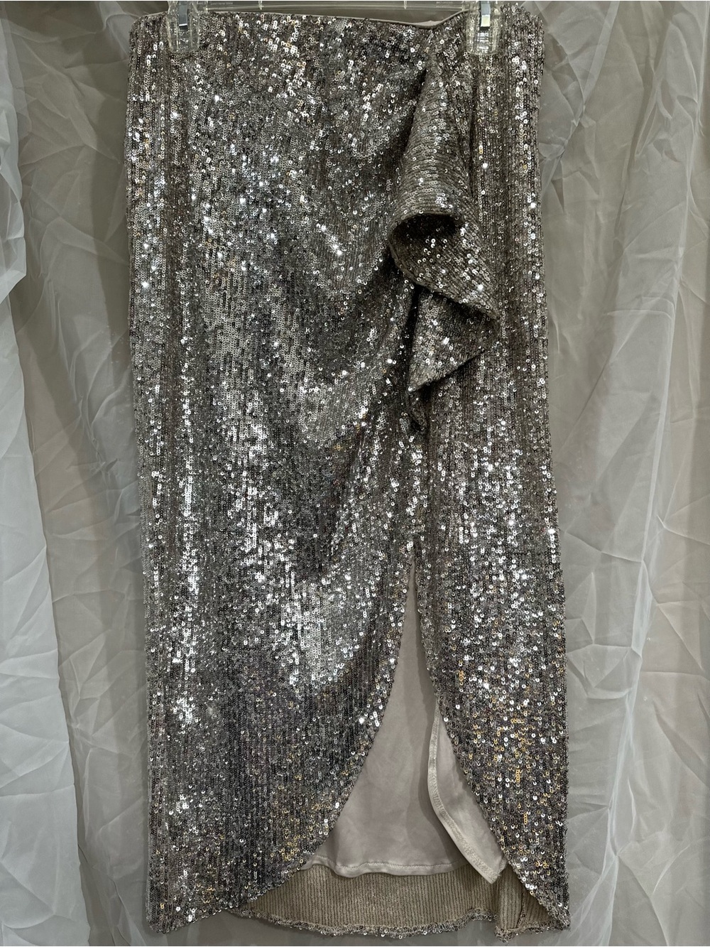 Express Silver Sequin Draped Midi Skirt